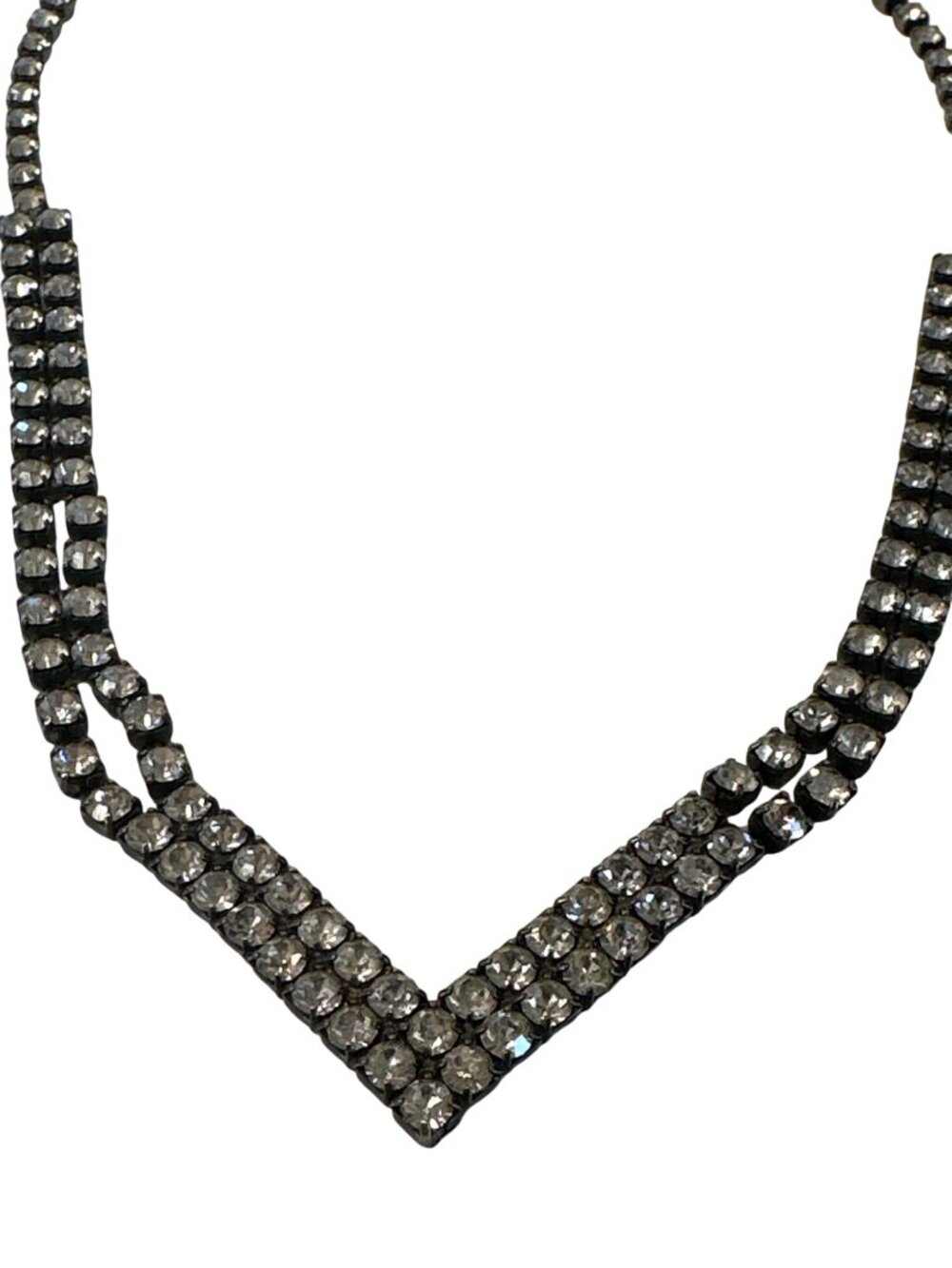 Vintage Rhinestone Necklace V-Shaped Box Clasp 15-Inch Length Silver-Tone Metal